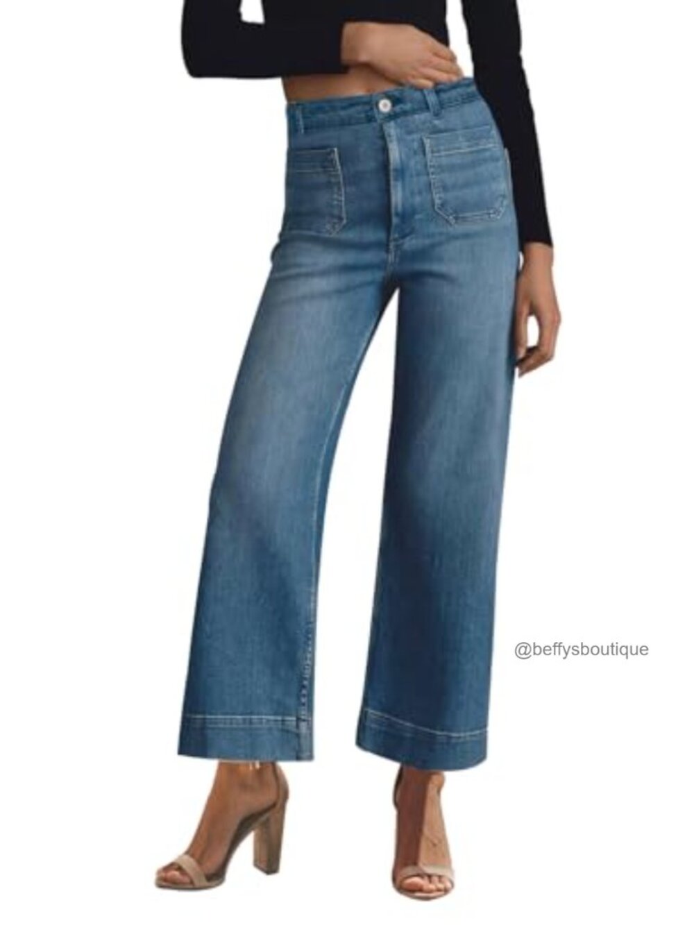 Wide Leg High Waisted Stretchy Denim Jeans with Pockets